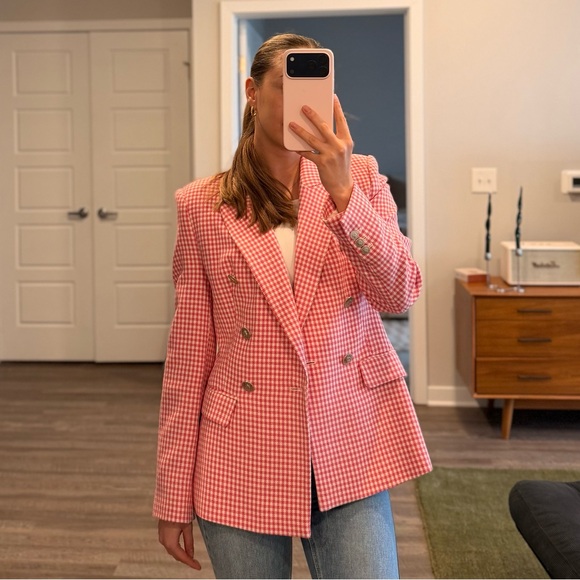 Zara Pink and White Tailored Houndstooth Women’s Blazer - Picture 3 of 9